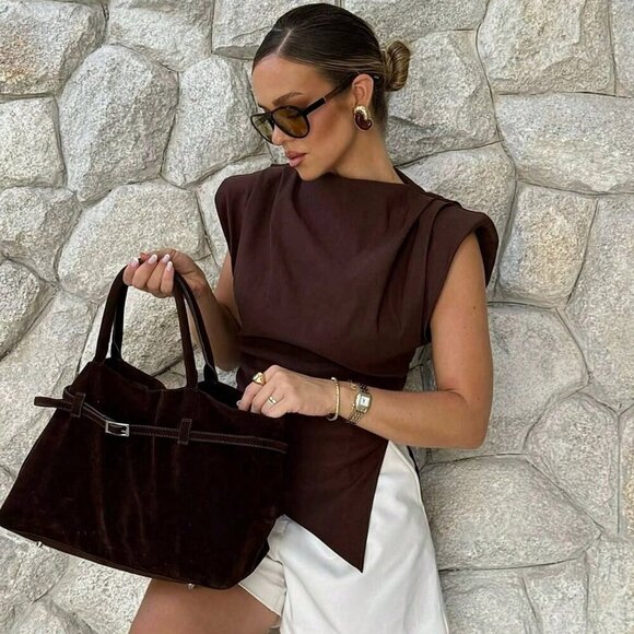 Chocolate Brown Elegant Womens Padded Shoulder Ruffle Asymmetric Zipper TOPO - Picture 6 of 10